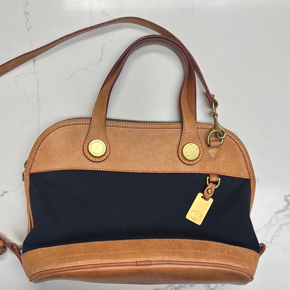 Dooney & Bourke Tan leather and Navy material purse bag 9 x 13 in